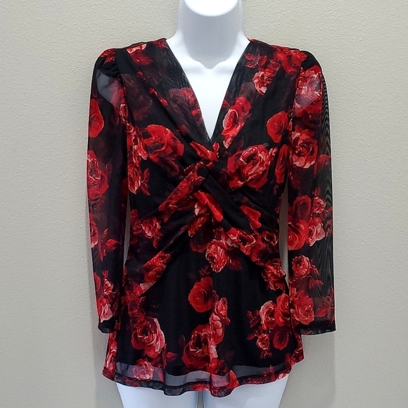 INC INTERNATIONAL CONCEPTS BLOUSE, Sz S, BLACK/RED, STRETCH, NEW - Picture 2 of 16